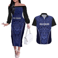 Custom Basketball New Zealand Couples Matching Off The Shoulder Long Sleeve Dress and Hawaiian Shirt Blue Maori Ta Moko Indigenous LT9 Blue - Polynesian Pride