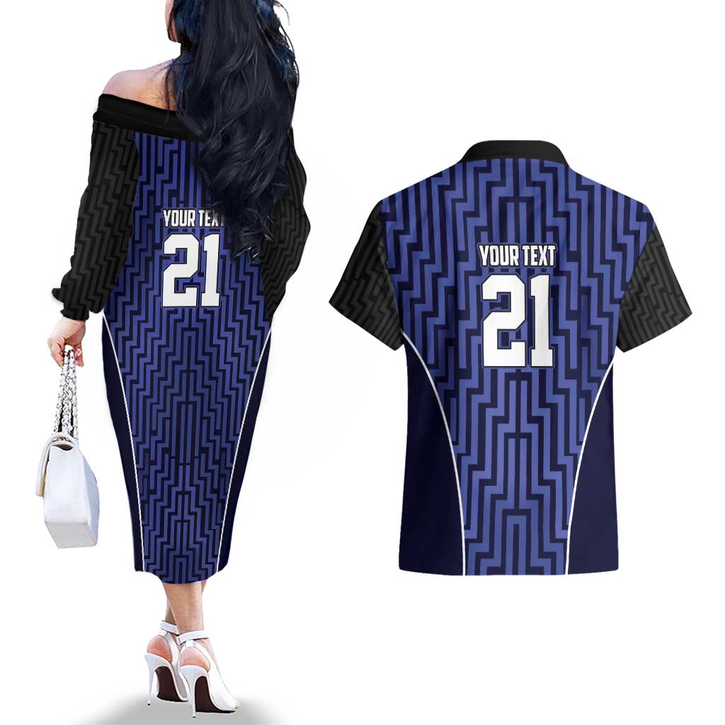 Custom Basketball New Zealand Couples Matching Off The Shoulder Long Sleeve Dress and Hawaiian Shirt Blue Maori Ta Moko Indigenous LT9 - Polynesian Pride