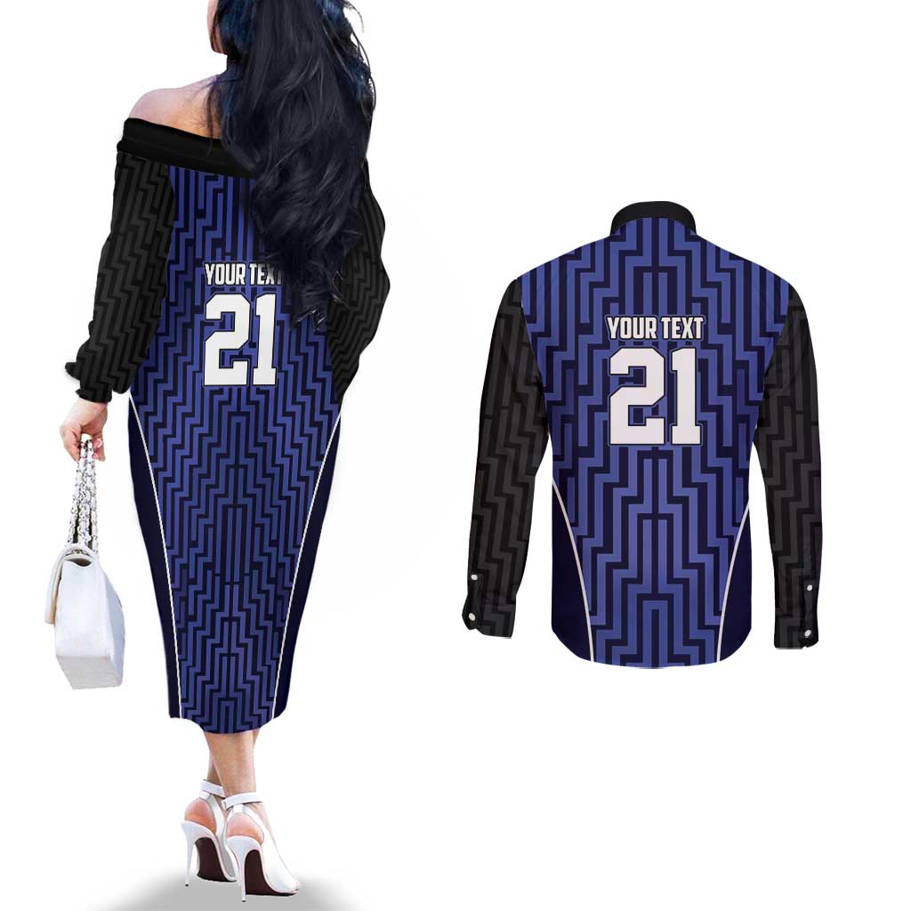Custom Basketball New Zealand Couples Matching Off The Shoulder Long Sleeve Dress and Long Sleeve Button Shirt Blue Maori Ta Moko Indigenous - Polynesian Pride