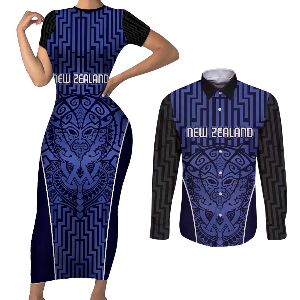 Custom Basketball New Zealand Couples Matching Short Sleeve Bodycon Dress and Long Sleeve Button Shirt Blue Maori Ta Moko Indigenous - Polynesian Pride