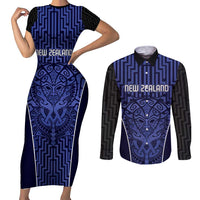 Custom Basketball New Zealand Couples Matching Short Sleeve Bodycon Dress and Long Sleeve Button Shirt Blue Maori Ta Moko Indigenous - Polynesian Pride