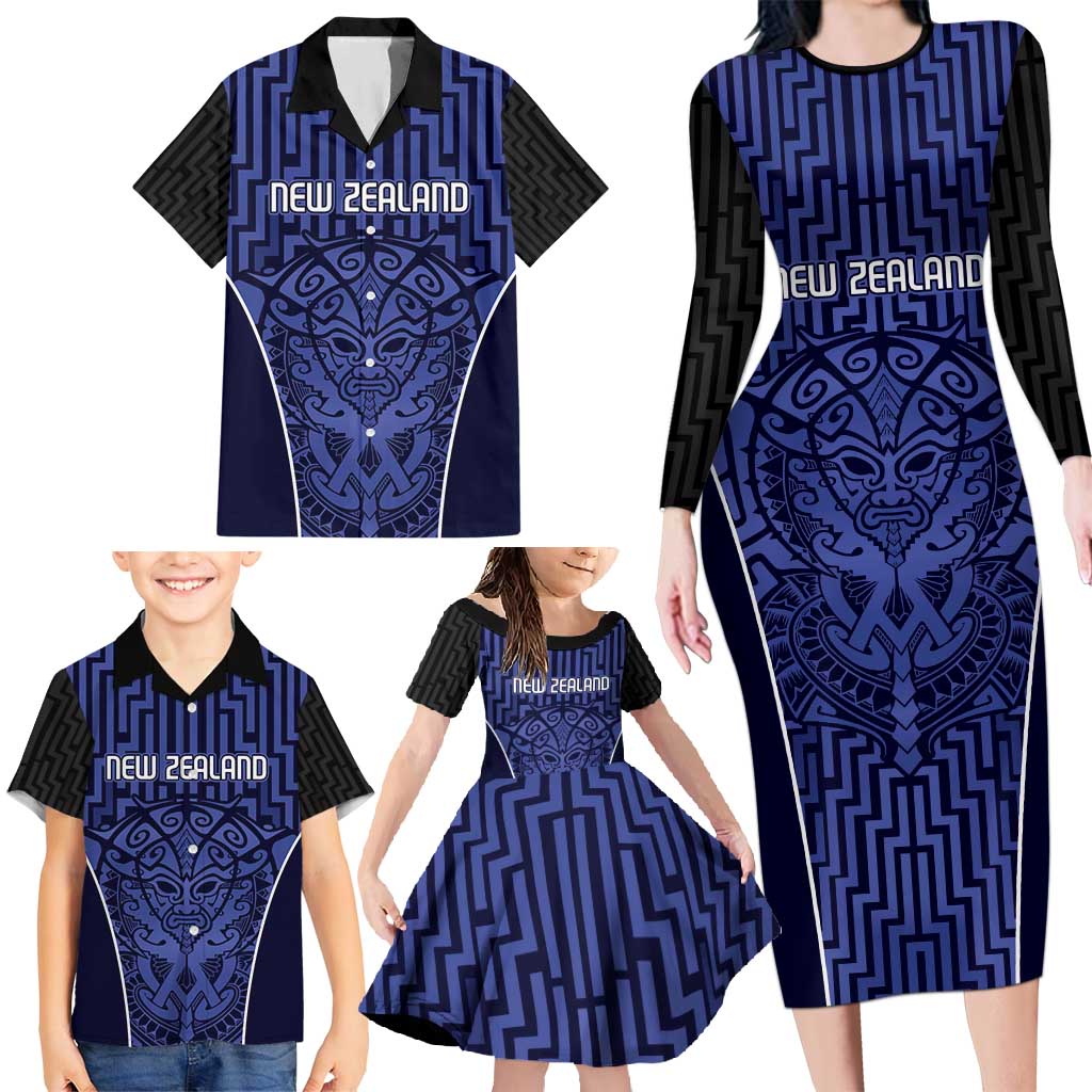 Custom Basketball New Zealand Family Matching Long Sleeve Bodycon Dress and Hawaiian Shirt Blue Maori Ta Moko Indigenous LT9 - Polynesian Pride