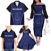 Custom Basketball New Zealand Family Matching Off The Shoulder Long Sleeve Dress and Hawaiian Shirt Blue Maori Ta Moko Indigenous LT9 - Polynesian Pride