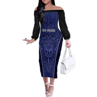 Custom Basketball New Zealand Family Matching Off The Shoulder Long Sleeve Dress and Hawaiian Shirt Blue Maori Ta Moko Indigenous LT9 Mom's Dress Blue - Polynesian Pride