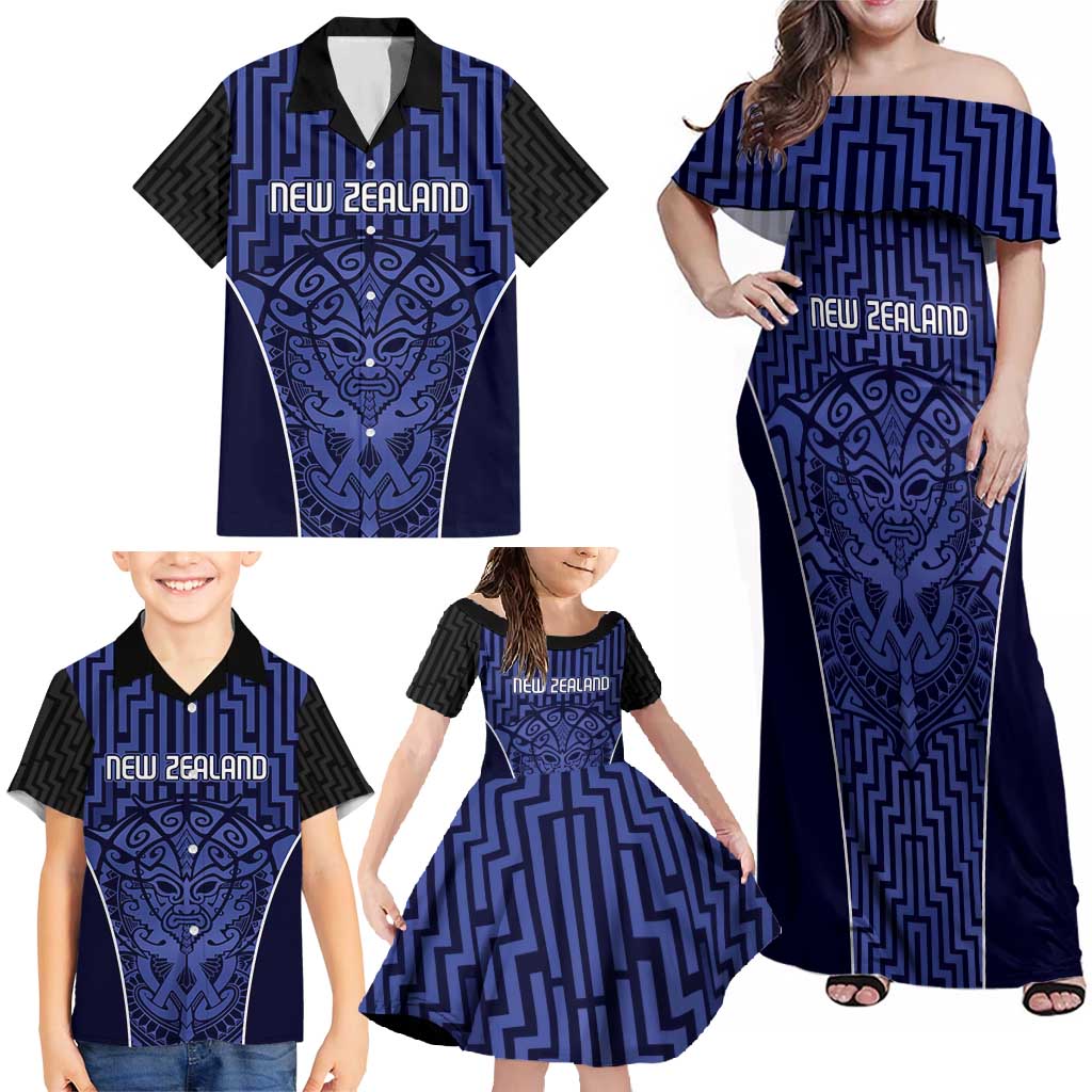 Custom Basketball New Zealand Family Matching Off Shoulder Maxi Dress and Hawaiian Shirt Blue Maori Ta Moko Indigenous - Polynesian Pride