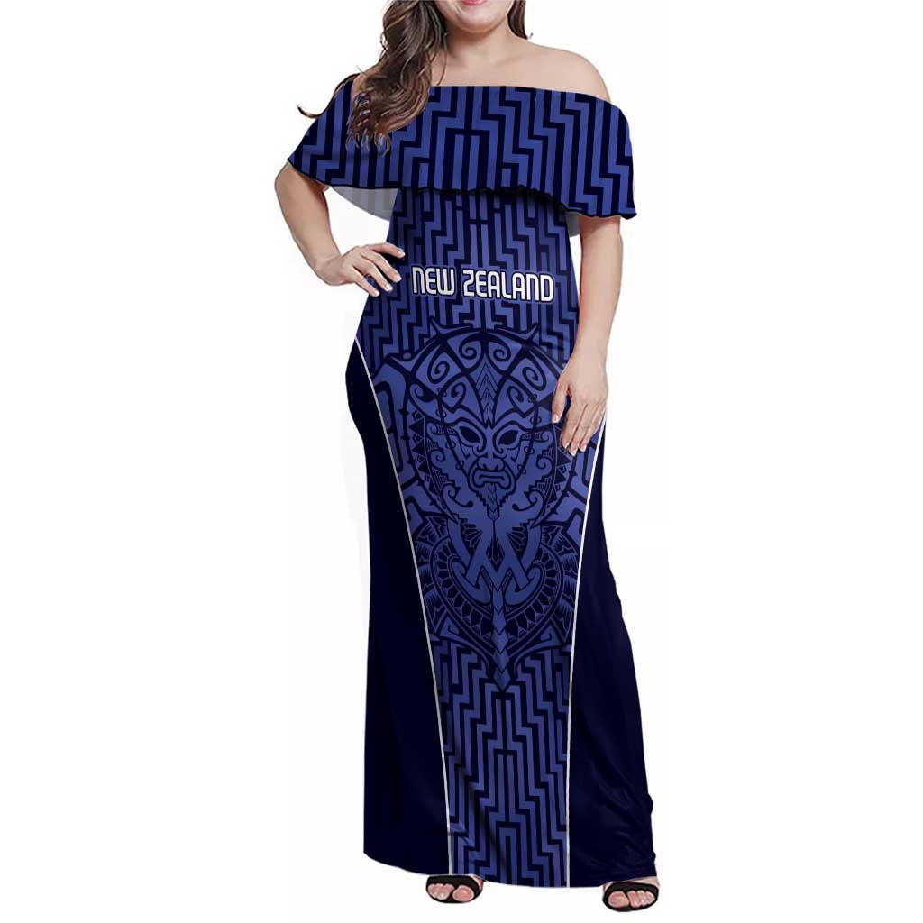 Custom Basketball New Zealand Family Matching Off Shoulder Maxi Dress and Hawaiian Shirt Blue Maori Ta Moko Indigenous LT9 Mom's Dress Blue - Polynesian Pride