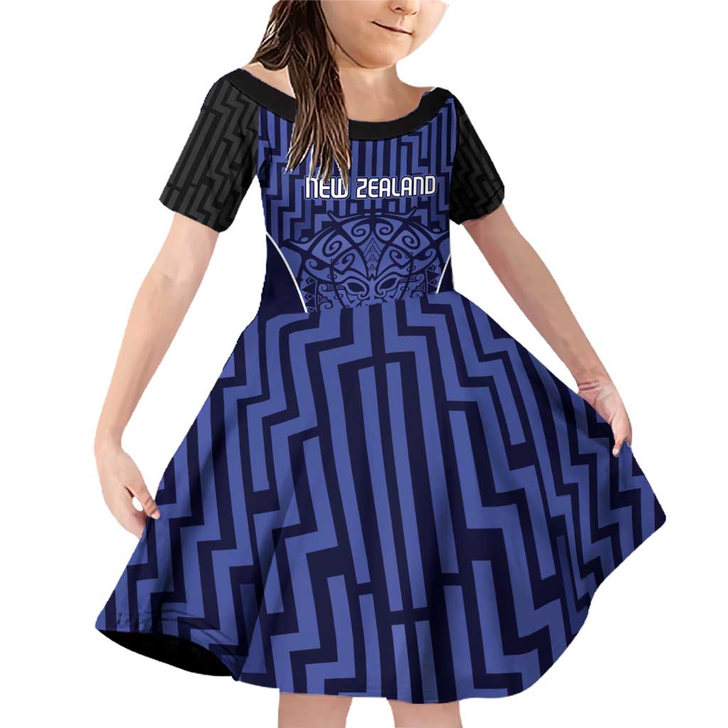 Custom Basketball New Zealand Family Matching Off Shoulder Short Dress and Hawaiian Shirt Blue Maori Ta Moko Indigenous LT9 Daughter's Dress Blue - Polynesian Pride