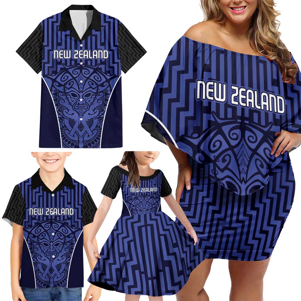 Custom Basketball New Zealand Family Matching Off Shoulder Short Dress and Hawaiian Shirt Blue Maori Ta Moko Indigenous LT9 - Polynesian Pride