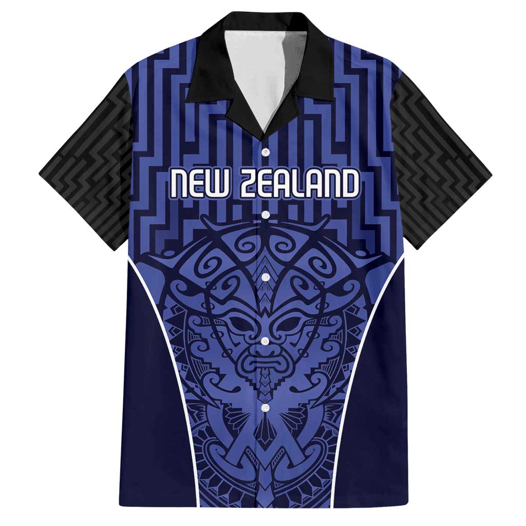 Custom Basketball New Zealand Family Matching Off Shoulder Short Dress and Hawaiian Shirt Blue Maori Ta Moko Indigenous LT9 Dad's Shirt - Short Sleeve Blue - Polynesian Pride