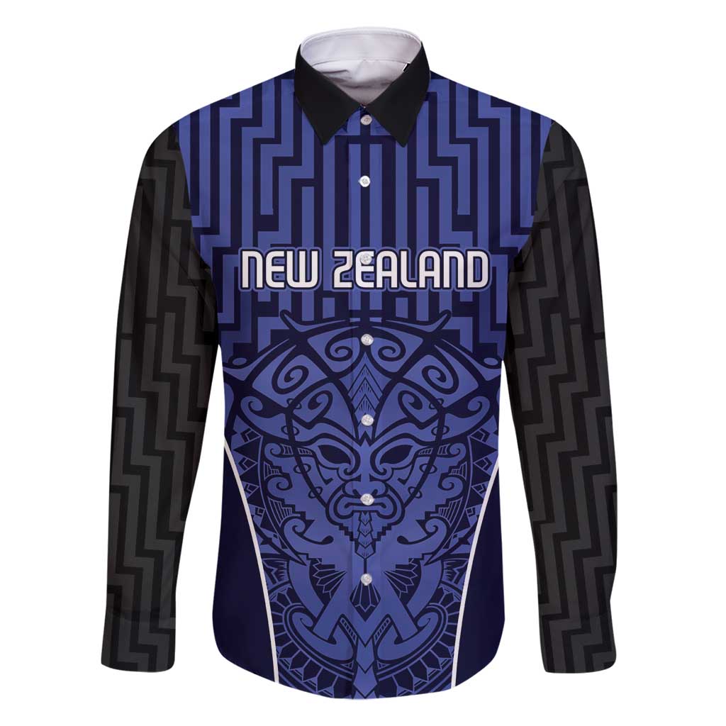 Custom Basketball New Zealand Family Matching Off Shoulder Short Dress and Hawaiian Shirt Blue Maori Ta Moko Indigenous LT9 Dad's Shirt - Long Sleeve Blue - Polynesian Pride