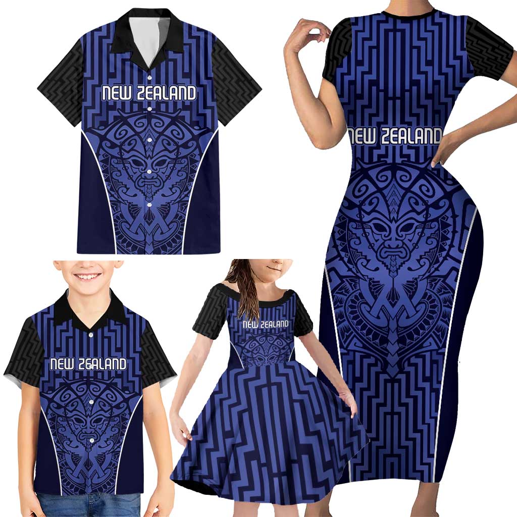 Custom Basketball New Zealand Family Matching Short Sleeve Bodycon Dress and Hawaiian Shirt Blue Maori Ta Moko Indigenous - Polynesian Pride
