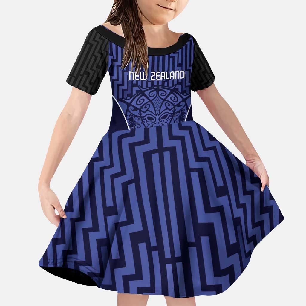 Custom Basketball New Zealand Family Matching Summer Maxi Dress and Hawaiian Shirt Blue Maori Ta Moko Indigenous LT9 Daughter's Dress Blue - Polynesian Pride