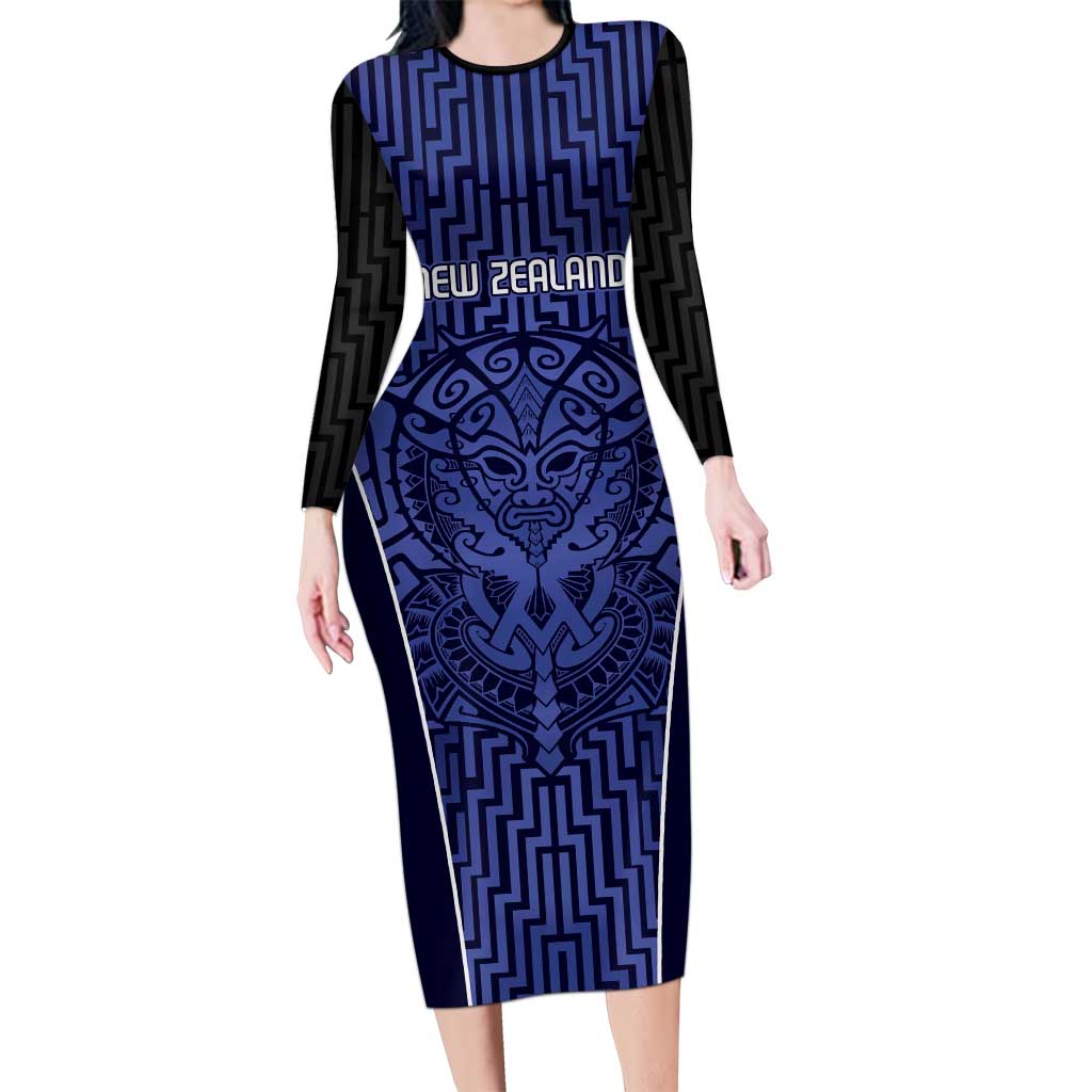 Custom Basketball New Zealand Long Sleeve Bodycon Dress Blue Maori Ta Moko Indigenous LT9 Long Dress Blue - Polynesian Pride