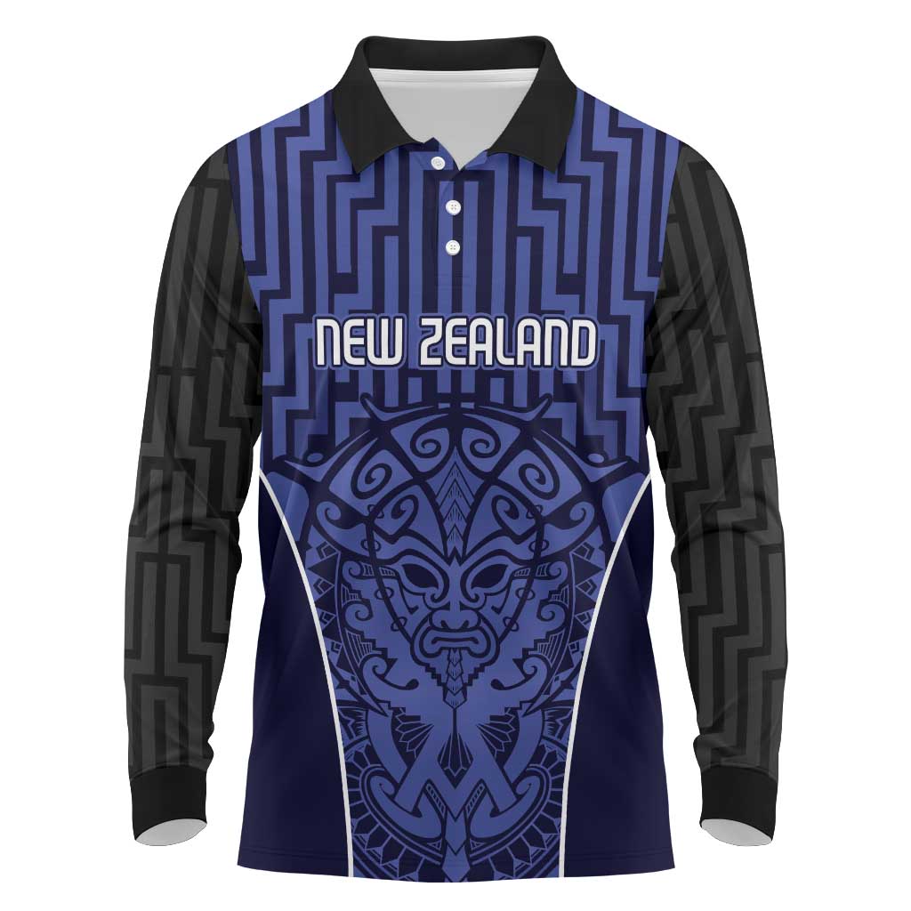 Custom Basketball New Zealand Long Sleeve Polo Shirt Blue Maori Ta Moko Indigenous LT9 Blue - Polynesian Pride