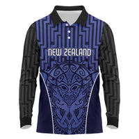 Custom Basketball New Zealand Long Sleeve Polo Shirt Blue Maori Ta Moko Indigenous LT9 Blue - Polynesian Pride