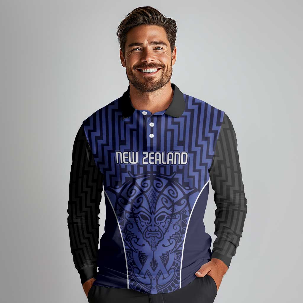Custom Basketball New Zealand Long Sleeve Polo Shirt Blue Maori Ta Moko Indigenous LT9 - Polynesian Pride