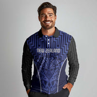 Custom Basketball New Zealand Long Sleeve Polo Shirt Blue Maori Ta Moko Indigenous LT9 - Polynesian Pride