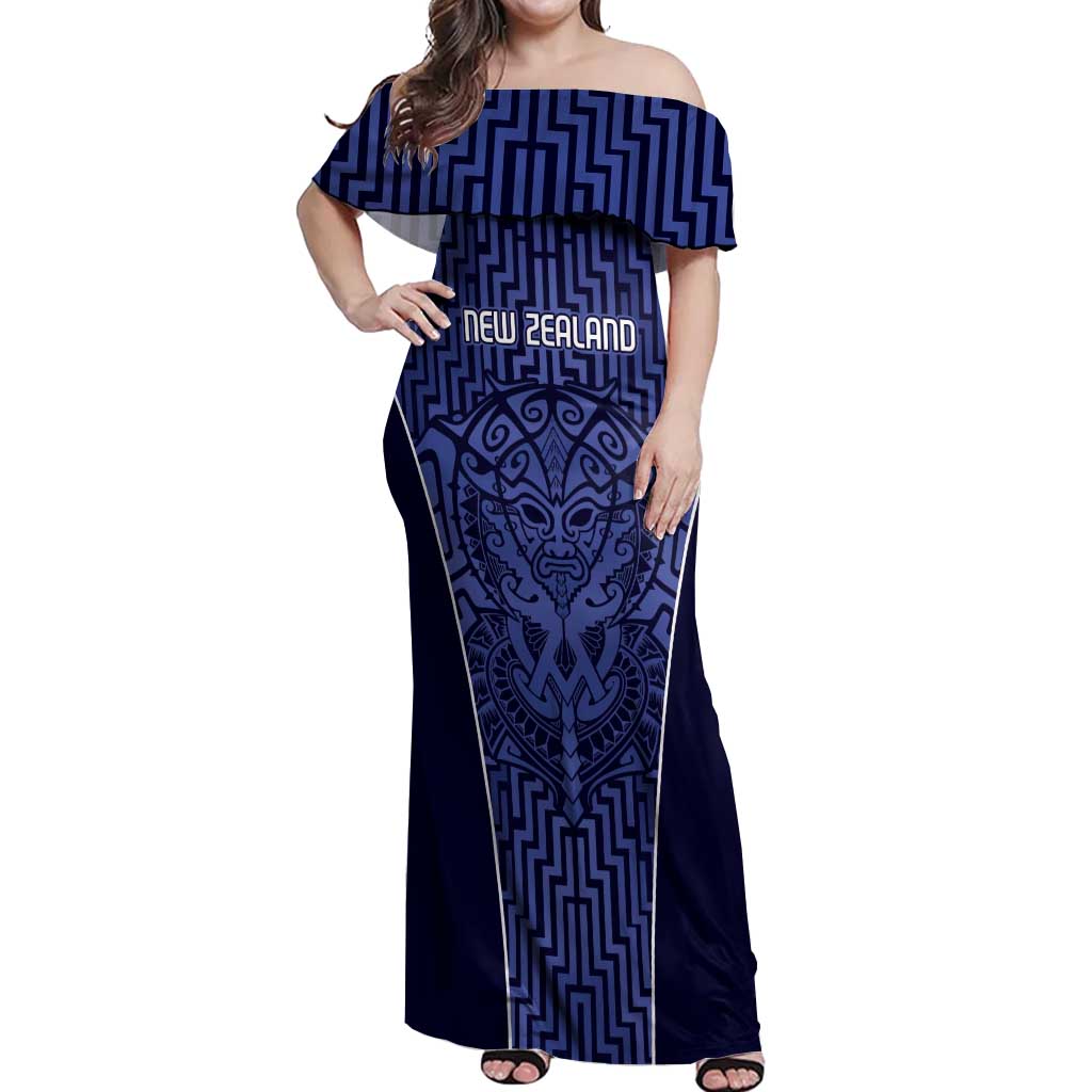 Custom Basketball New Zealand Off Shoulder Maxi Dress Blue Maori Ta Moko Indigenous LT9 Women Blue - Polynesian Pride