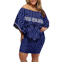 Custom Basketball New Zealand Off Shoulder Short Dress Blue Maori Ta Moko Indigenous LT9 Women Blue - Polynesian Pride