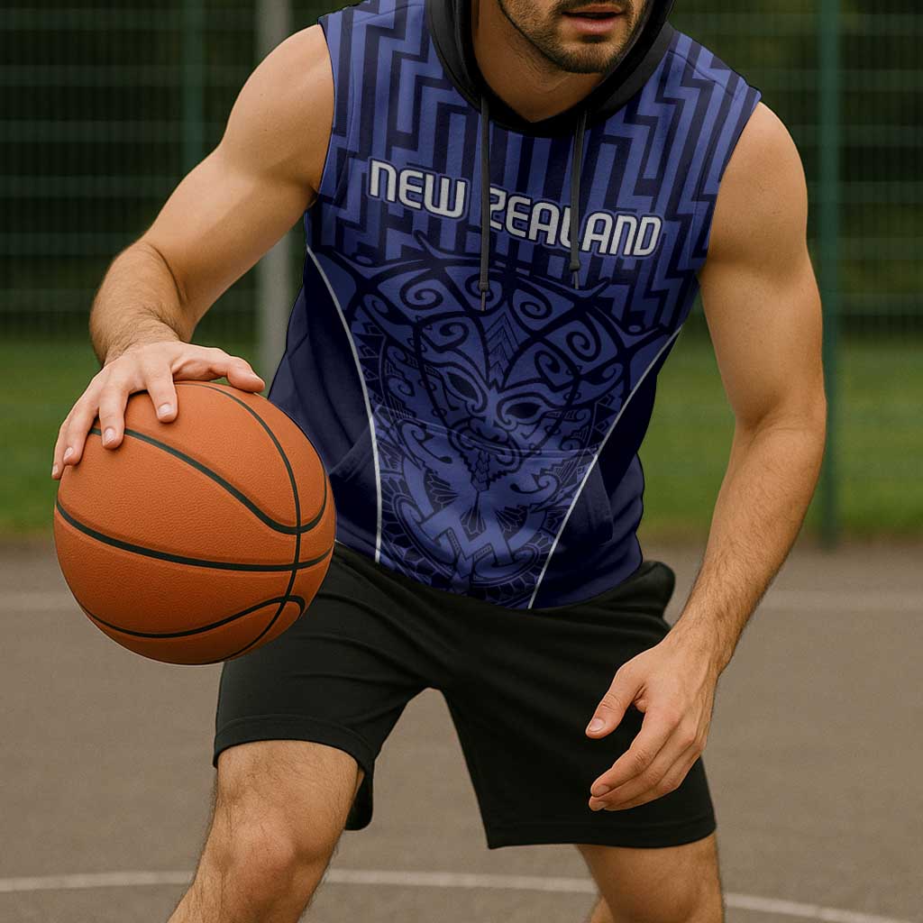 Custom Basketball New Zealand Sleeveless Hoodie Blue Maori Ta Moko Indigenous LT9 - Polynesian Pride