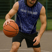 Custom Basketball New Zealand Sleeveless Hoodie Blue Maori Ta Moko Indigenous LT9 - Polynesian Pride