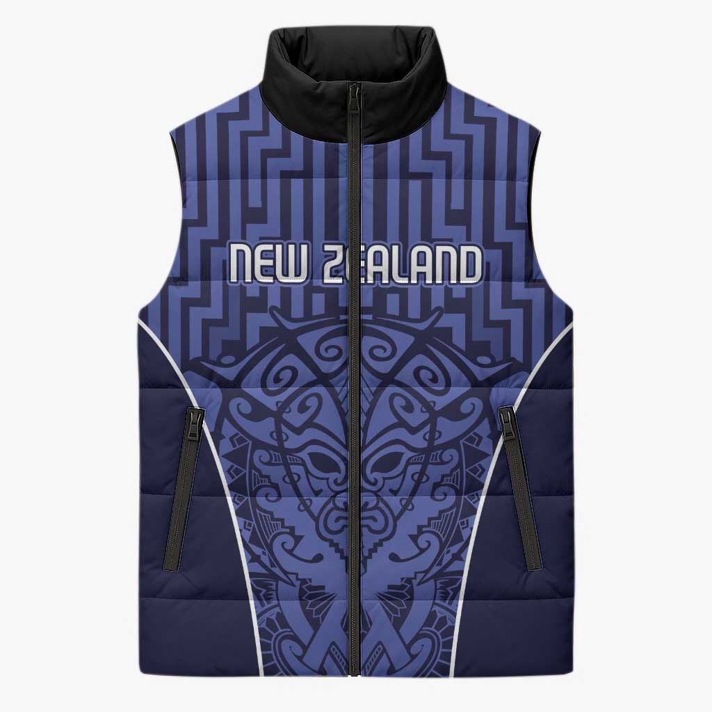 Custom Basketball New Zealand Sleeveless Puffer Jacket Blue Maori Ta Moko Indigenous - Polynesian Pride