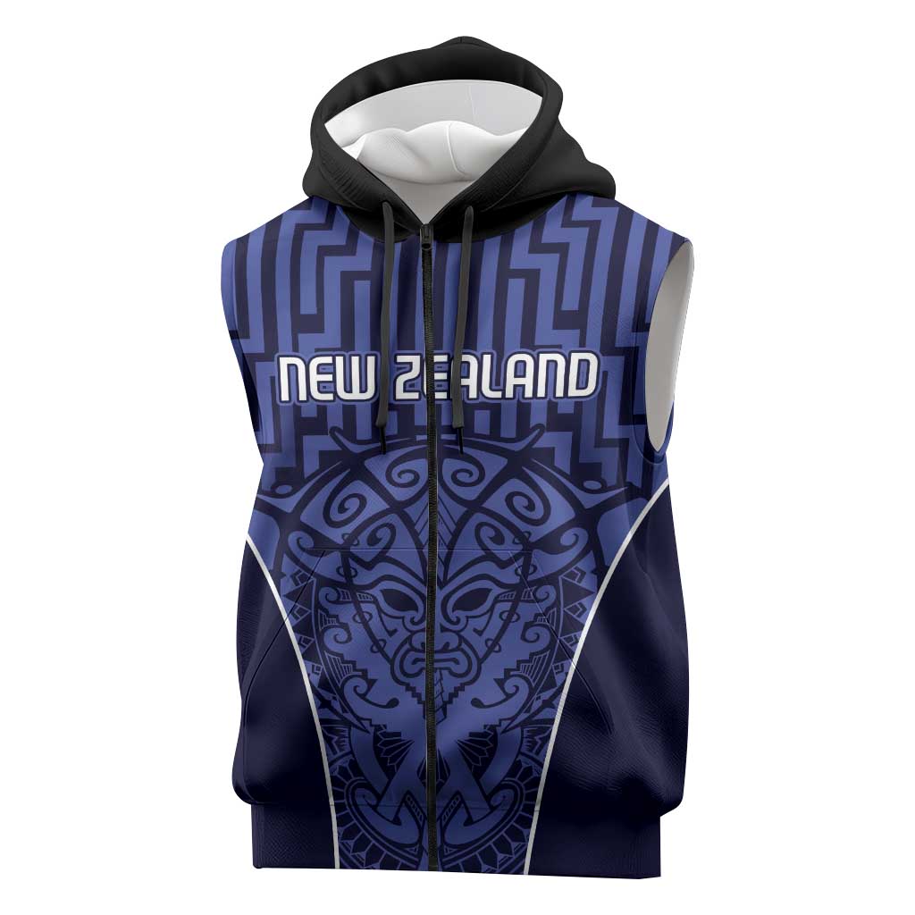 Custom Basketball New Zealand Sleeveless Zip Hoodie Blue Maori Ta Moko Indigenous LT9 Blue - Polynesian Pride