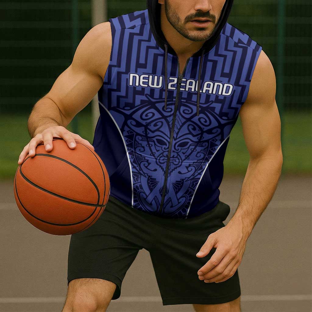 Custom Basketball New Zealand Sleeveless Zip Hoodie Blue Maori Ta Moko Indigenous LT9 - Polynesian Pride