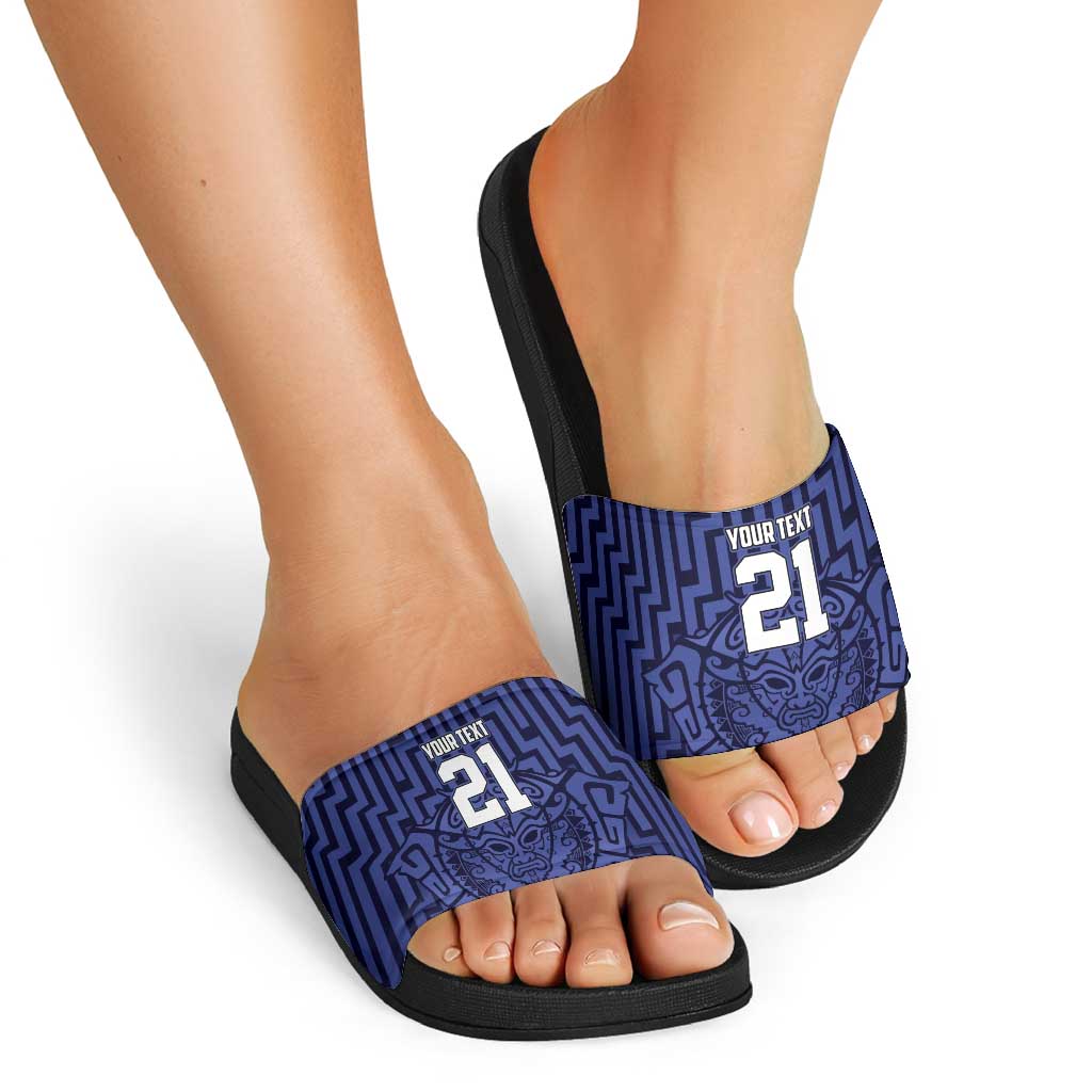 Custom Basketball New Zealand Slide Sandals Blue Maori Ta Moko Indigenous - Polynesian Pride