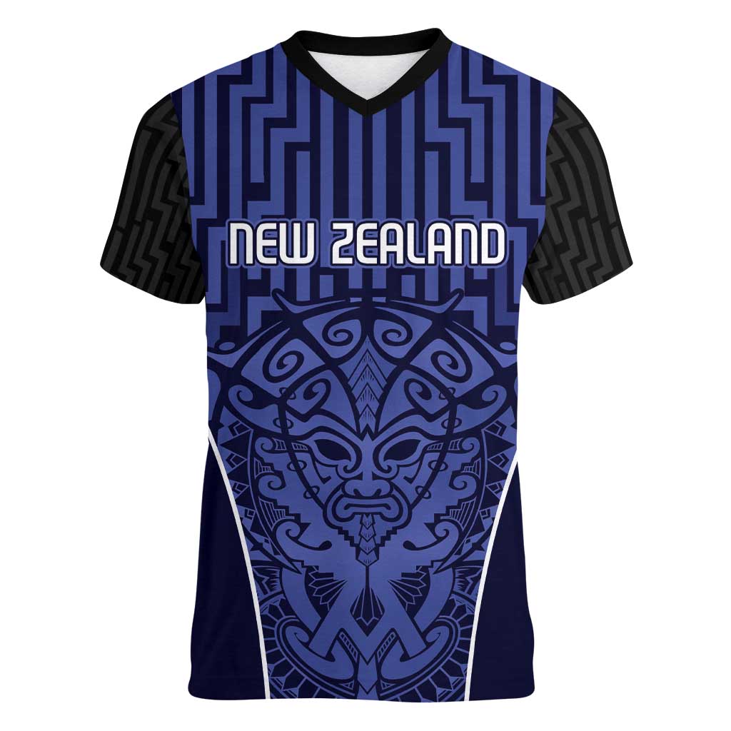 Custom Basketball New Zealand Women V-Neck T-Shirt Blue Maori Ta Moko Indigenous LT9 Female Blue - Polynesian Pride