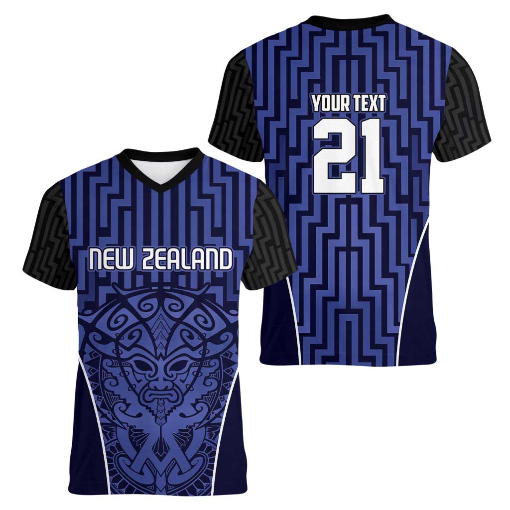 Custom Basketball New Zealand Women V-Neck T-Shirt Blue Maori Ta Moko Indigenous LT9 - Polynesian Pride