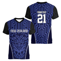 Custom Basketball New Zealand Women V-Neck T-Shirt Blue Maori Ta Moko Indigenous LT9 - Polynesian Pride