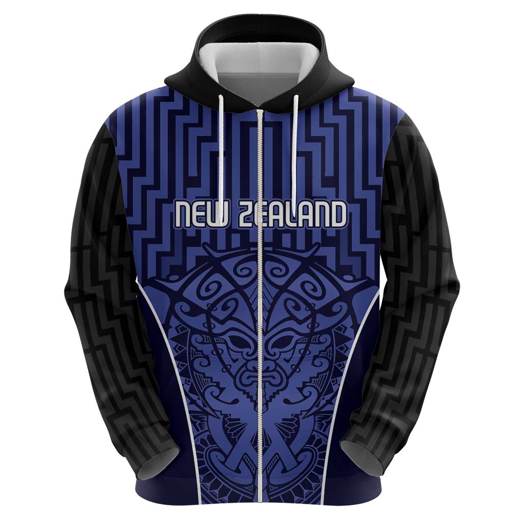 Custom Basketball New Zealand Zip Hoodie Blue Maori Ta Moko Indigenous LT9 - Polynesian Pride