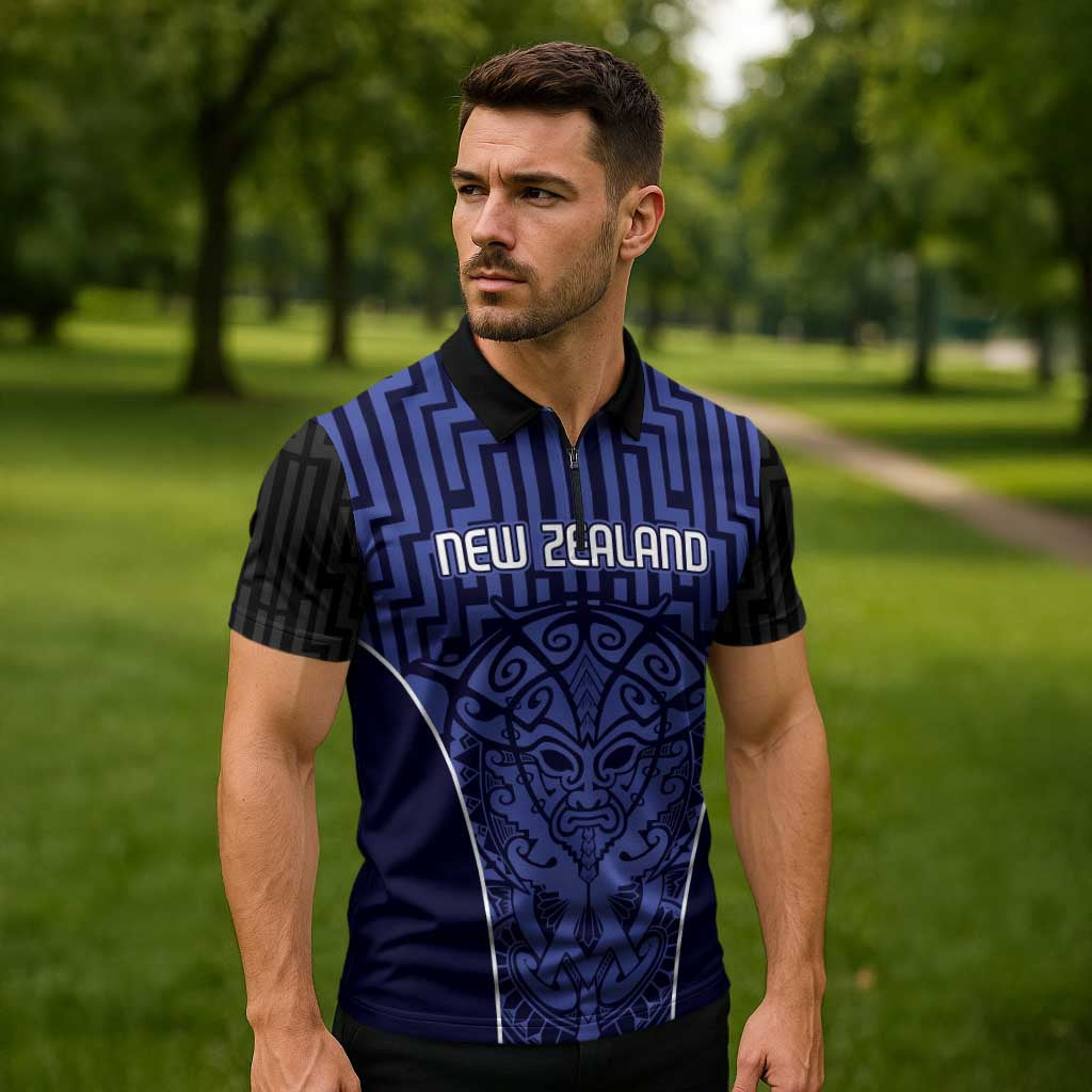Custom Basketball New Zealand Zipper Polo Shirt Blue Maori Ta Moko Indigenous LT9 - Polynesian Pride