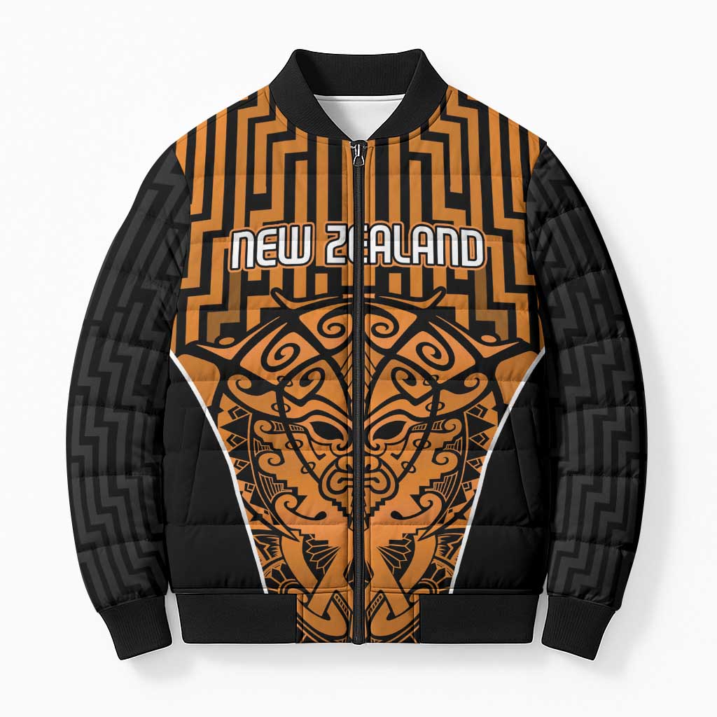 Custom Basketball New Zealand Bomber Puffer Jacket Gold Maori Ta Moko Indigenous - Polynesian Pride