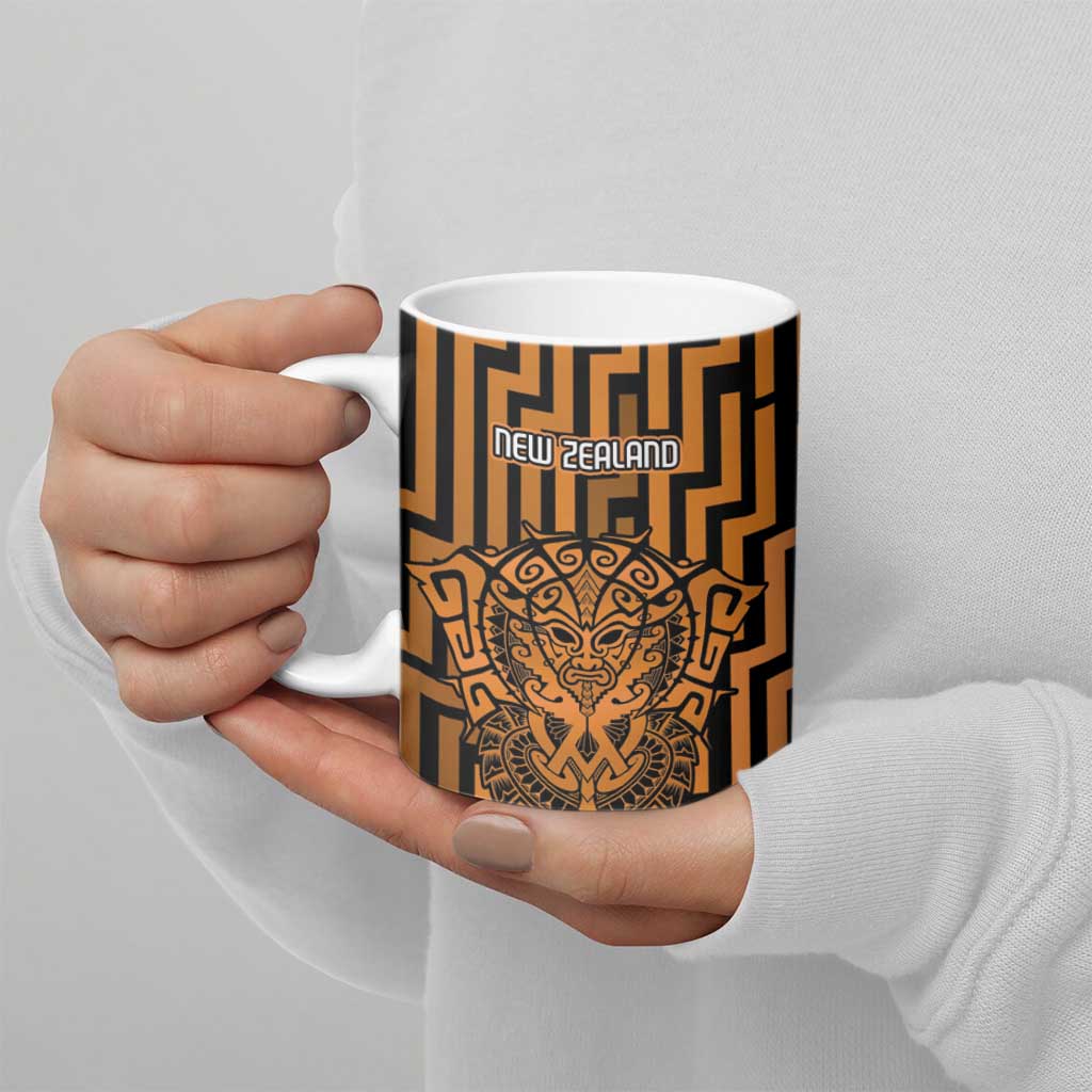 Custom Basketball New Zealand Ceramic Mug Gold Maori Ta Moko Indigenous - Polynesian Pride
