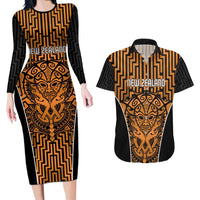 Custom Basketball New Zealand Couples Matching Long Sleeve Bodycon Dress and Hawaiian Shirt Gold Maori Ta Moko Indigenous - Polynesian Pride