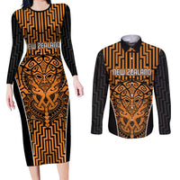 Custom Basketball New Zealand Couples Matching Long Sleeve Bodycon Dress and Long Sleeve Button Shirt Gold Maori Ta Moko Indigenous - Polynesian Pride