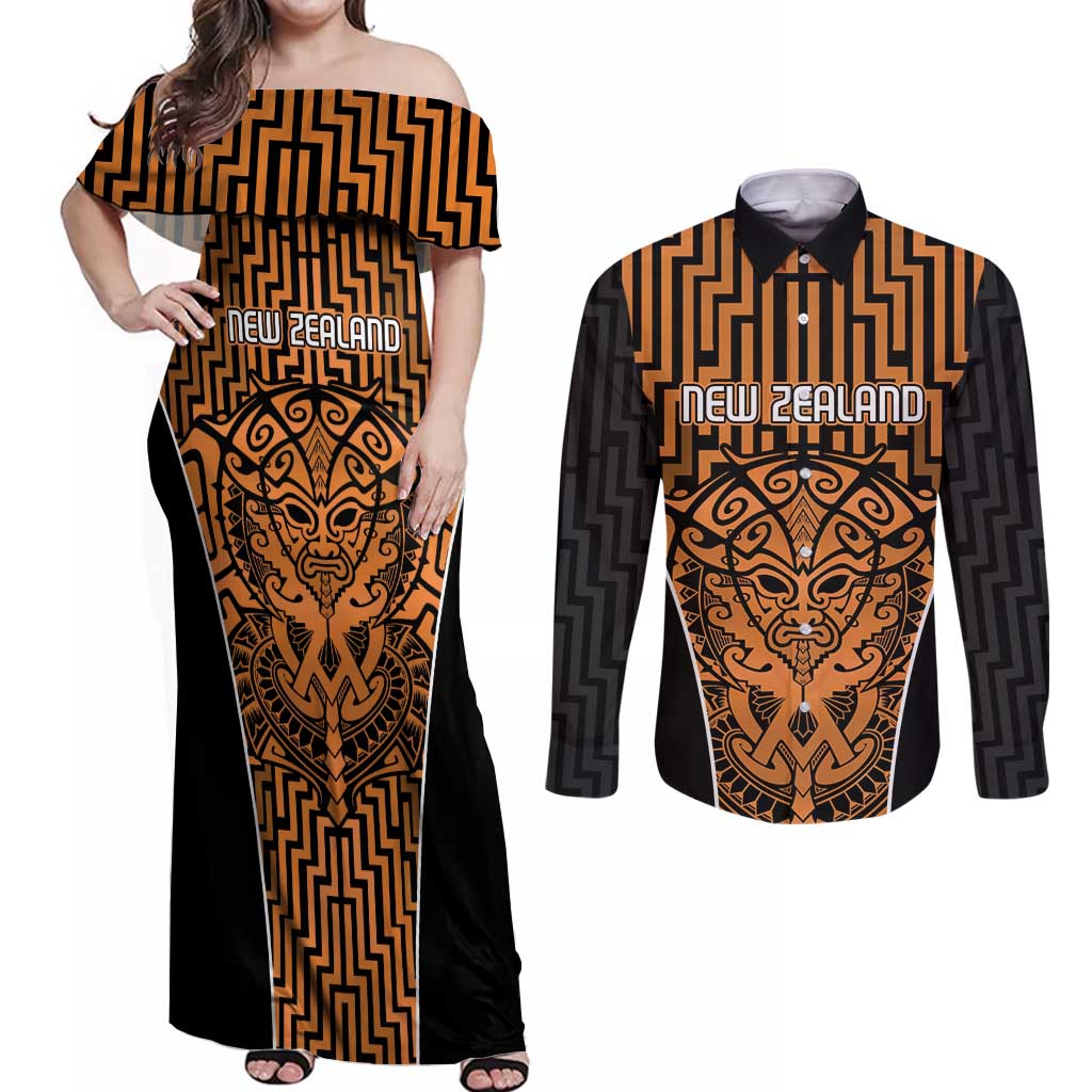 Custom Basketball New Zealand Couples Matching Off Shoulder Maxi Dress and Long Sleeve Button Shirt Gold Maori Ta Moko Indigenous LT9 Gold - Polynesian Pride
