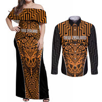 Custom Basketball New Zealand Couples Matching Off Shoulder Maxi Dress and Long Sleeve Button Shirt Gold Maori Ta Moko Indigenous LT9 Gold - Polynesian Pride