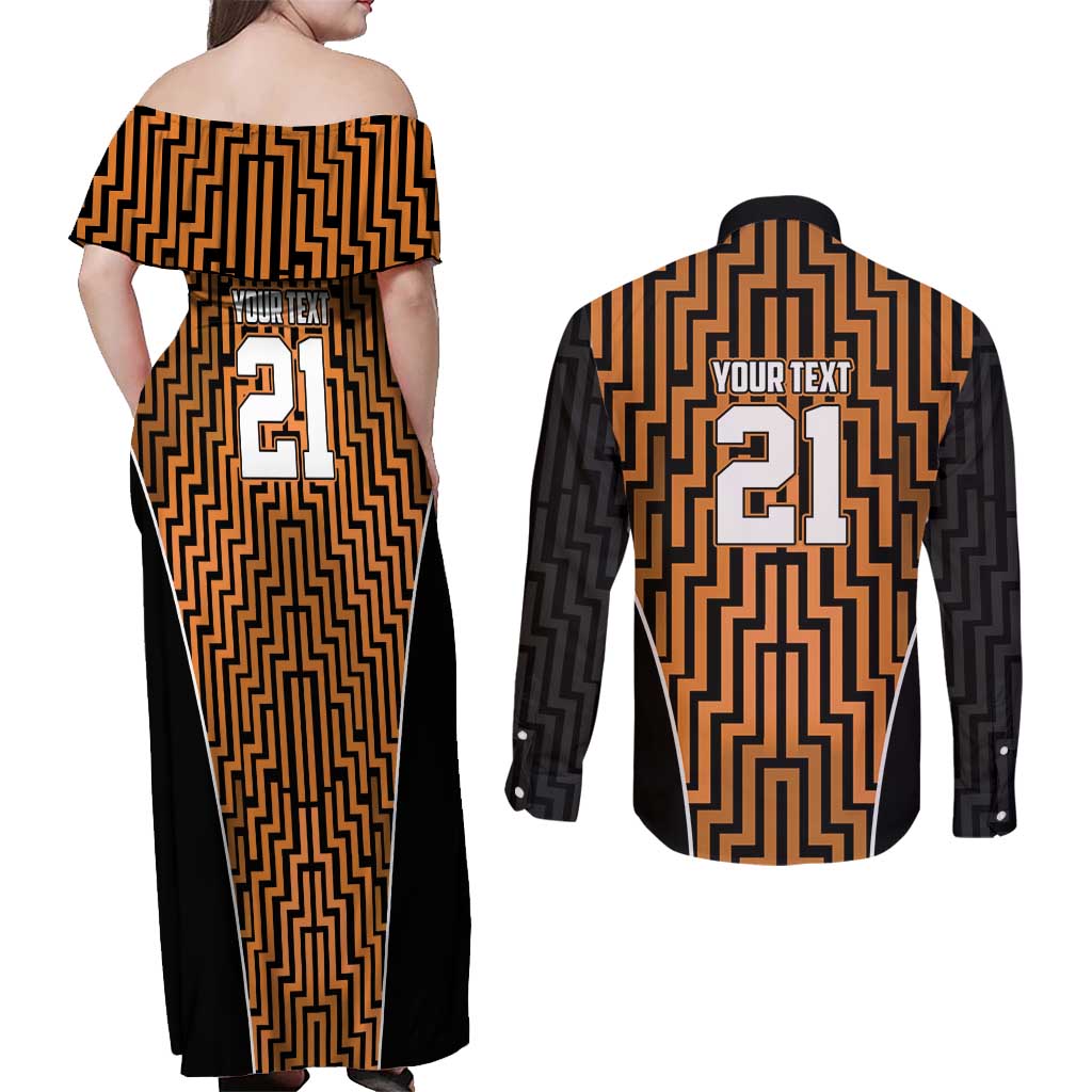 Custom Basketball New Zealand Couples Matching Off Shoulder Maxi Dress and Long Sleeve Button Shirt Gold Maori Ta Moko Indigenous LT9 - Polynesian Pride