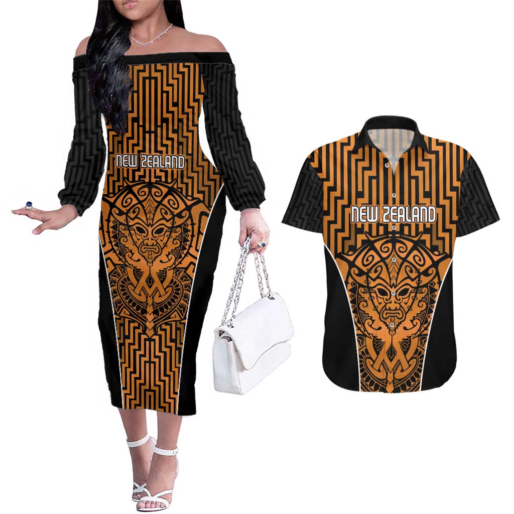 Custom Basketball New Zealand Couples Matching Off The Shoulder Long Sleeve Dress and Hawaiian Shirt Gold Maori Ta Moko Indigenous LT9 Gold - Polynesian Pride