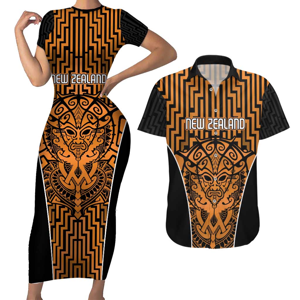 Custom Basketball New Zealand Couples Matching Short Sleeve Bodycon Dress and Hawaiian Shirt Gold Maori Ta Moko Indigenous - Polynesian Pride