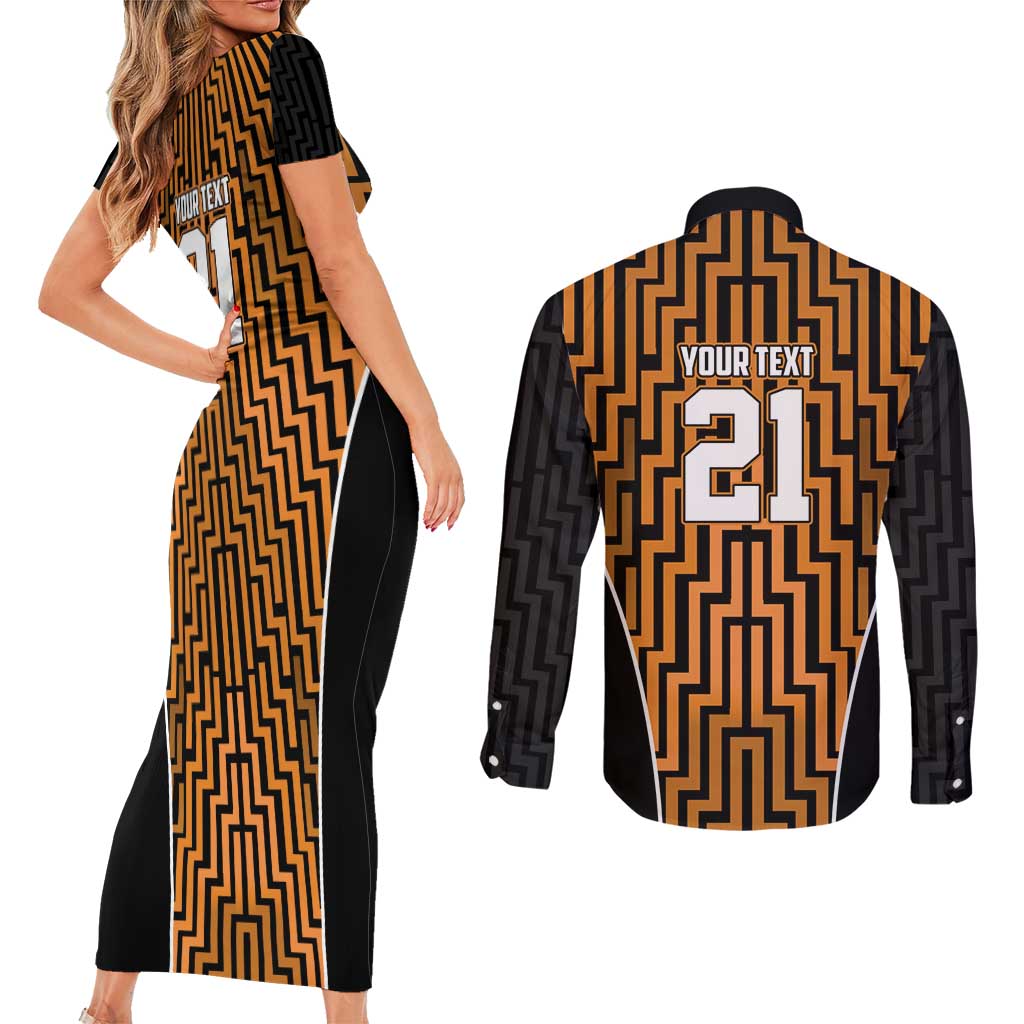Custom Basketball New Zealand Couples Matching Short Sleeve Bodycon Dress and Long Sleeve Button Shirt Gold Maori Ta Moko Indigenous - Polynesian Pride