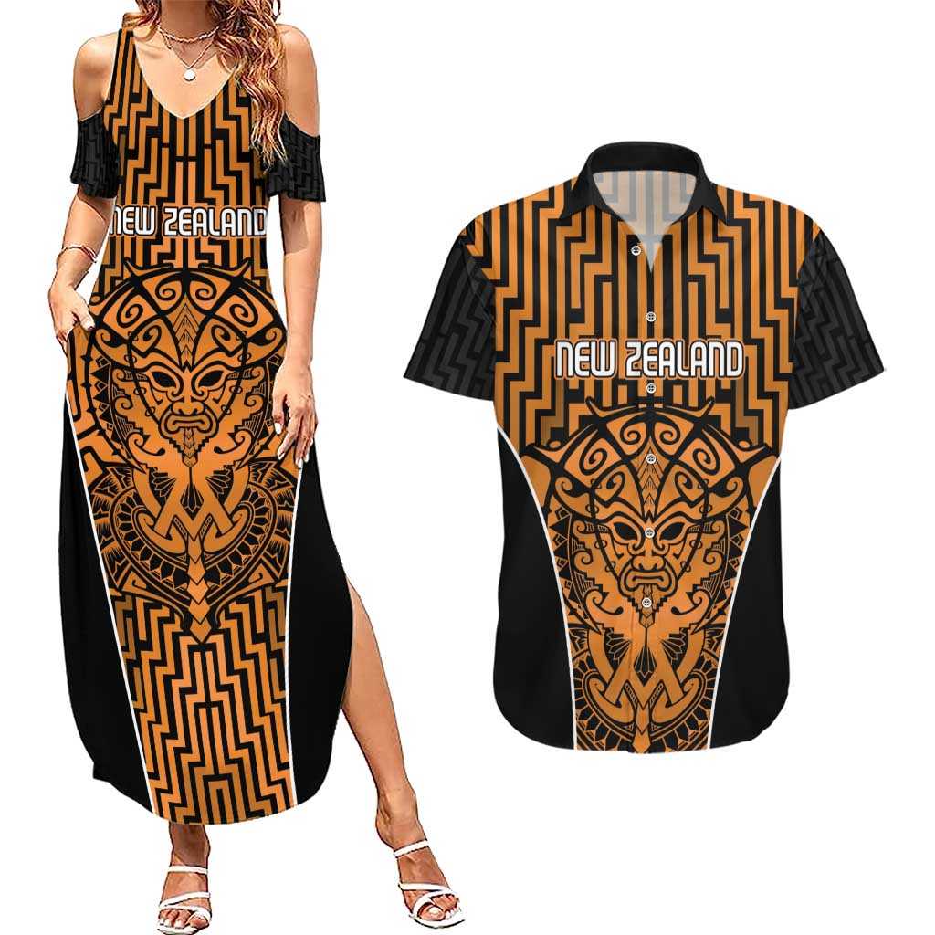 Custom Basketball New Zealand Couples Matching Summer Maxi Dress and Hawaiian Shirt Gold Maori Ta Moko Indigenous - Polynesian Pride