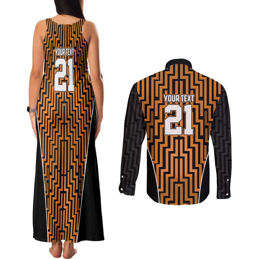 Custom Basketball New Zealand Couples Matching Tank Maxi Dress and Long Sleeve Button Shirt Gold Maori Ta Moko Indigenous - Polynesian Pride
