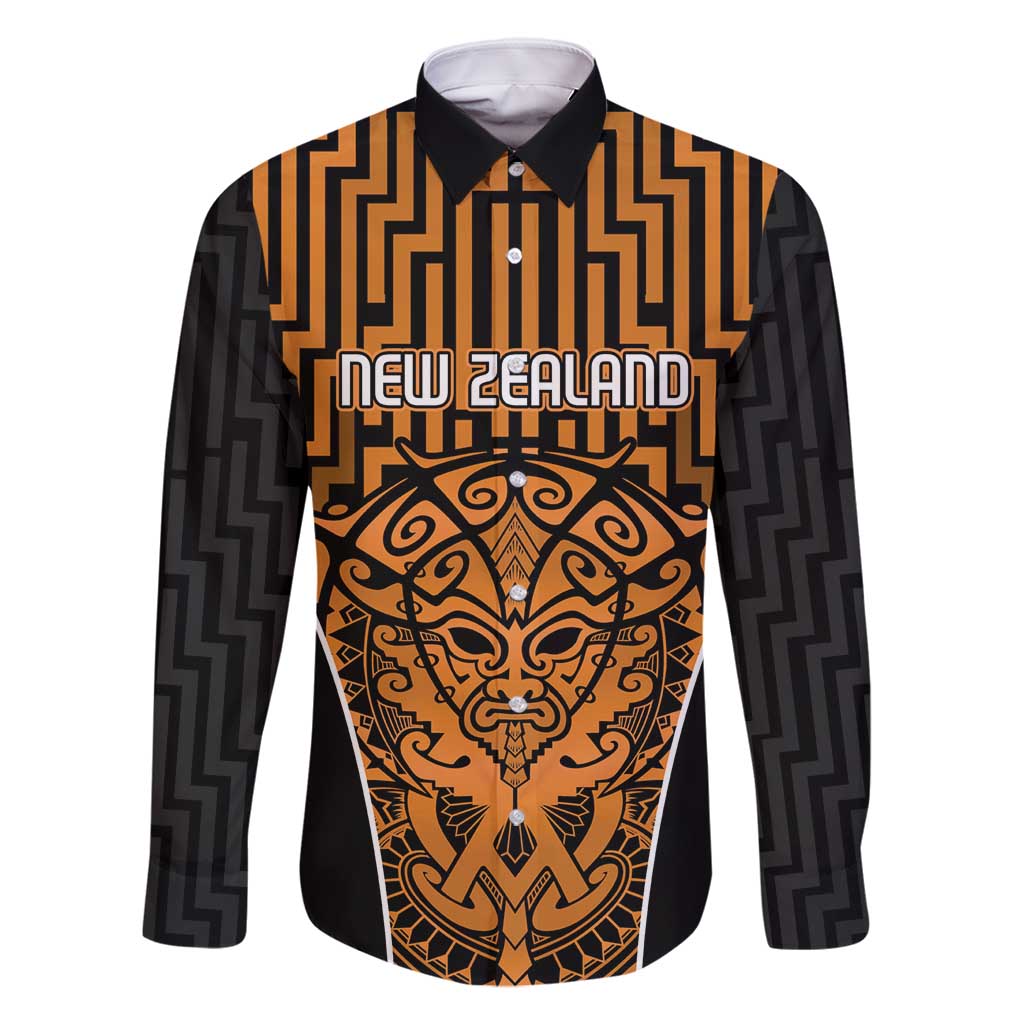 Custom Basketball New Zealand Family Matching Long Sleeve Bodycon Dress and Hawaiian Shirt Gold Maori Ta Moko Indigenous LT9 Dad's Shirt - Long Sleeve Gold - Polynesian Pride