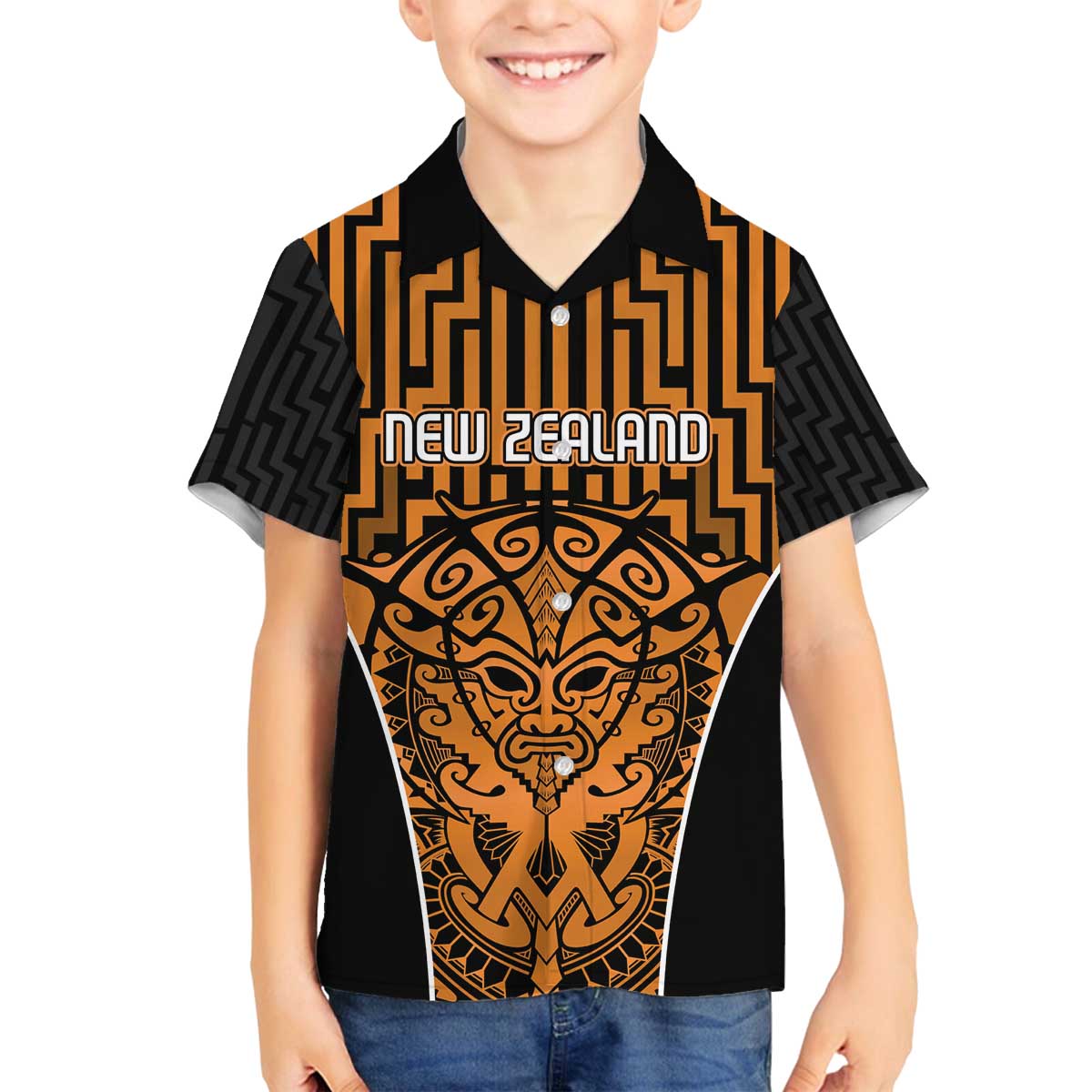 Custom Basketball New Zealand Family Matching Off The Shoulder Long Sleeve Dress and Hawaiian Shirt Gold Maori Ta Moko Indigenous LT9 Son's Shirt Gold - Polynesian Pride
