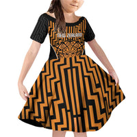 Custom Basketball New Zealand Family Matching Off Shoulder Short Dress and Hawaiian Shirt Gold Maori Ta Moko Indigenous LT9 Daughter's Dress Gold - Polynesian Pride