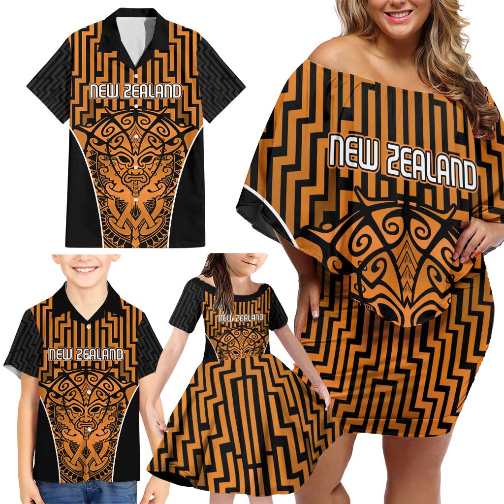 Custom Basketball New Zealand Family Matching Off Shoulder Short Dress and Hawaiian Shirt Gold Maori Ta Moko Indigenous - Polynesian Pride